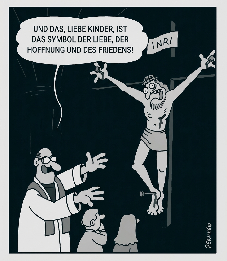 Karikatur: Pfarrer zeigt Kindern ein ans Kreuz geschlagenes Jesusbild; Sprechblase nennt es Symbol von Liebe, Hoffnung und Frieden.